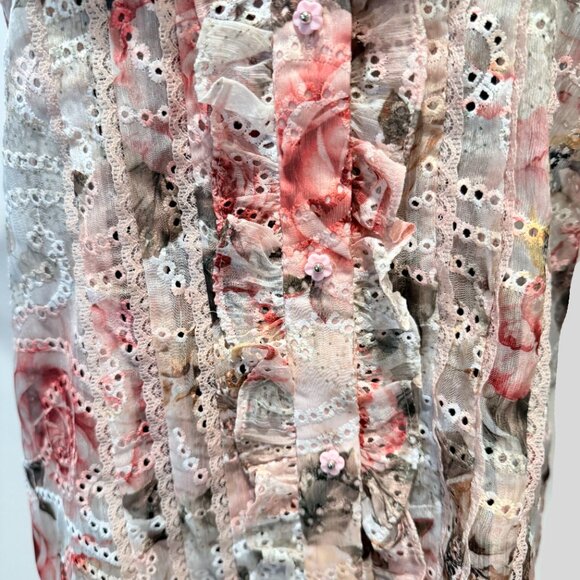 NWT Alice + Olivia “Minda” Floral Eyelet Ruffle-Sleeve Tie-Neck Blouse Size M - Picture 9 of 11